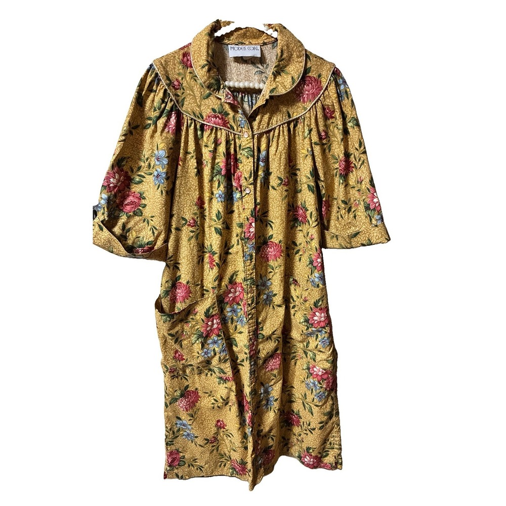 Models Coat House Dress Womens Medium Yellow Excellent Floral Button Front Robe‎